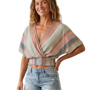Blue B Patchwork Quilt Print Crossover Boho Cottagecore Crop Top Size Small